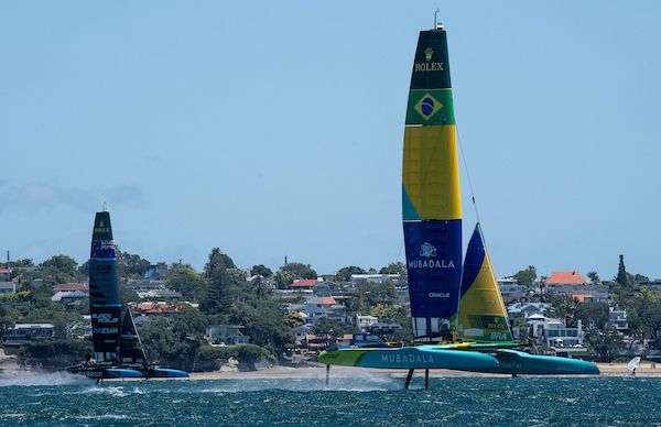 Mubadala Brazil SailGP Team helmed by Martine Grael ahead of New Zealand SailGP Team helmed by Peter Burling in action during a training session ahead of The Rolex SailGP 2025 Championship ITM New Zealand Sail Grand Prix in Auckland, New Zealand. Monday 13 January 2025. Photo: Bob Martin for SailGP. Handout image supplied by SailGP