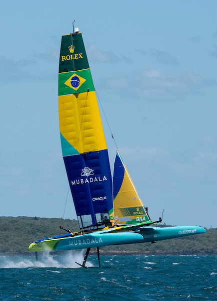 Mubadala Brazil SailGP Team helmed by Martine Grael leap out of the water during a training session ahead of The Rolex SailGP 2025 Championship ITM New Zealand Sail Grand Prix in Auckland, New Zealand. Monday 13 January 2025. Photo: Bob Martin for SailGP. Handout image supplied by SailGP