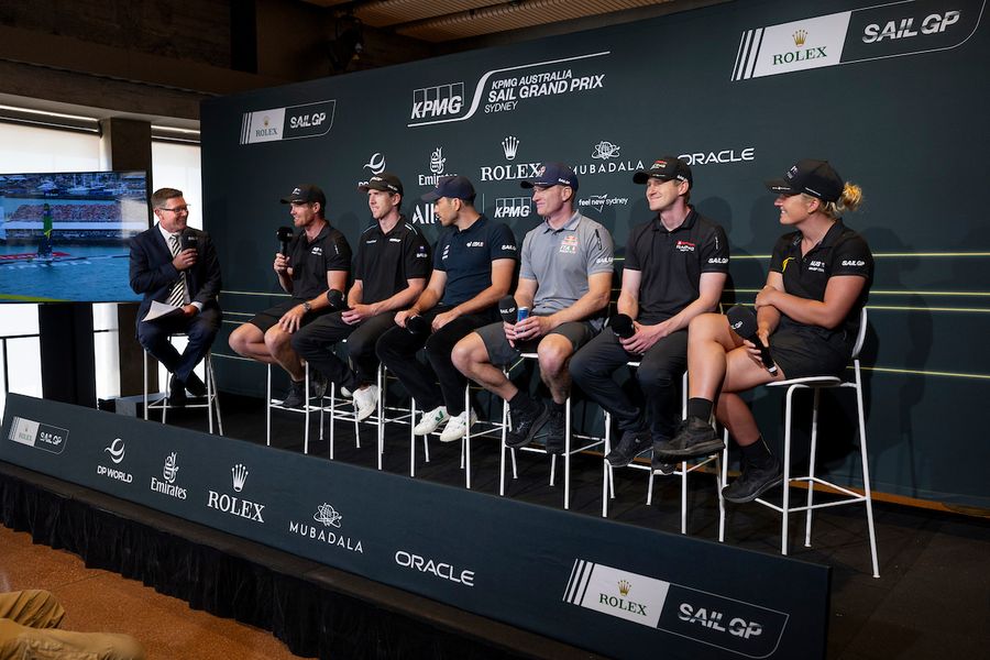 Tom Slingsby, driver of Australia SailGP Team, Peter Burling, co-CEO and driver of New Zealand SailGP Team, Quentin Delapierre, driver of France SailGP Team, Jimmy Spithill, CEO and backup driver of Red Bull Italy SailGP Team, Nicolai Sehested, driver of ROCKWOOL Denmark SailGP Team, and Tash Bryant, strategist of Australia SailGP Team taking part in the pre-event press conference at the Sydney Opera House ahead of the KPMG Australia Sail Grand Prix in Sydney, Australia. Friday 7 February 2025. Rolex SailGP Championship Event 3 Season 2025. Photo credit: Brett Phibbs/SailGP media
