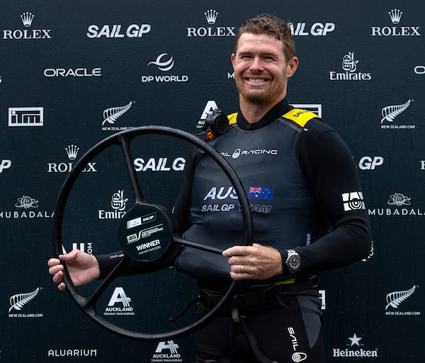 Tom Slingsby, driver of Australia SailGP Team, celebrates winning The Rolex SailGP 2025 Championship ITM New Zealand Sail Grand Prix in Auckland, New Zealand. Sunday 19 January 2025. Photo: Brett Phibbs for SailGP.