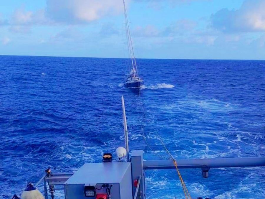 <em>RFNS Timo towing SV Triksele back to land in a multi-day rescue.</em> Back-to-back yacht rescues highlight growing maritime challenges in the Pacific
