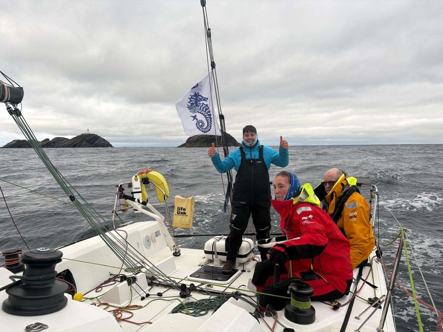 Bellino after rounding Muckle Flugga and Out Stack - in the cockpit waiting to hoist the repaired sail