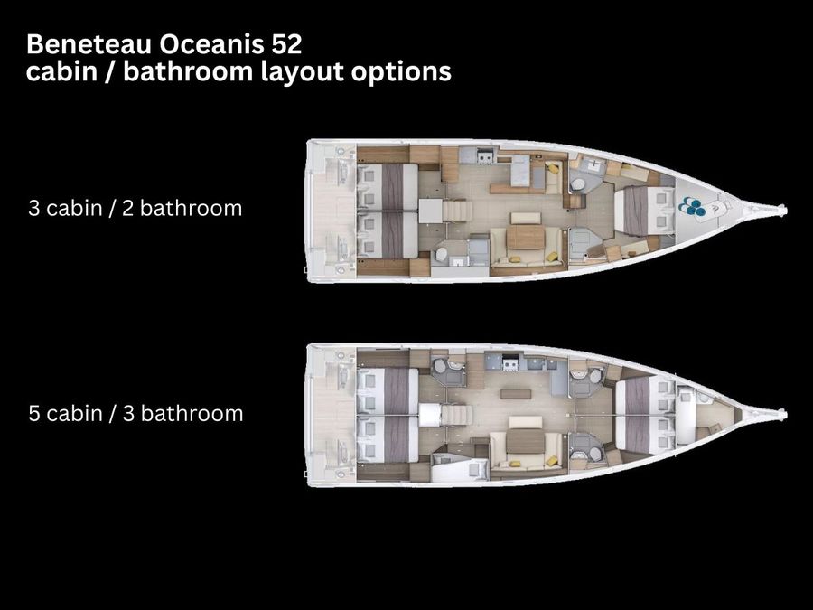 Beneteau Oceanis 52 cabin-bathroom layout options // Image credit: Beneteau