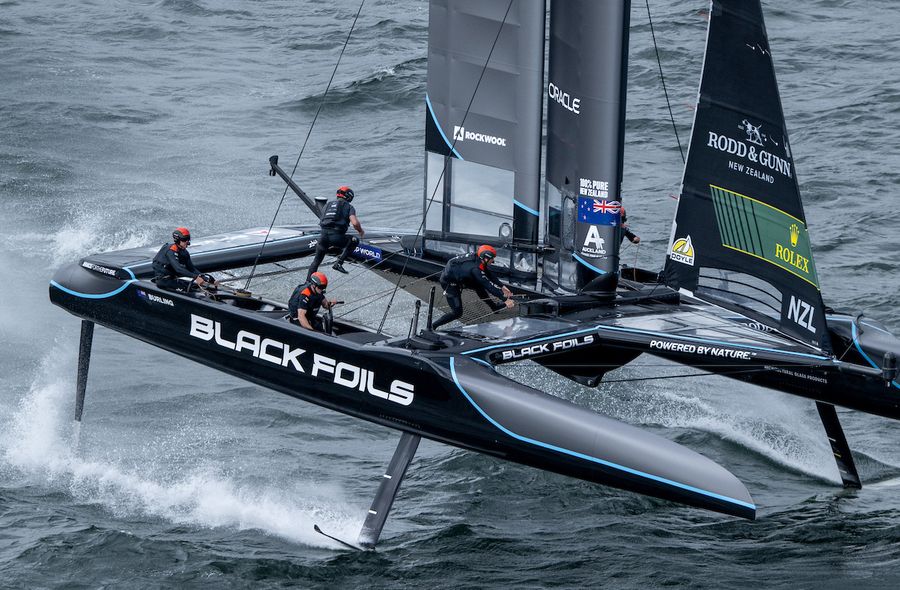 Black Foils SailGP Team driven by Peter Burling on Race Day 1 of the ROCKWOOL Germany Sail Grand Prix in Sassnitz, Germany. Saturday 22 August 2026. Rolex SailGP Championship Event 9 2026 Season. Photo: Ricardo Pinto for SailGP.