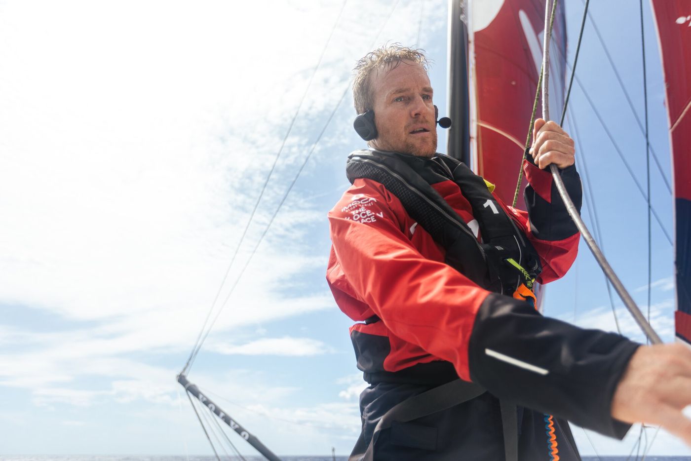 Conrad Colman prepares the masthead cable for mast security in The Ocean Race Atlantic, on board MSIG Europe