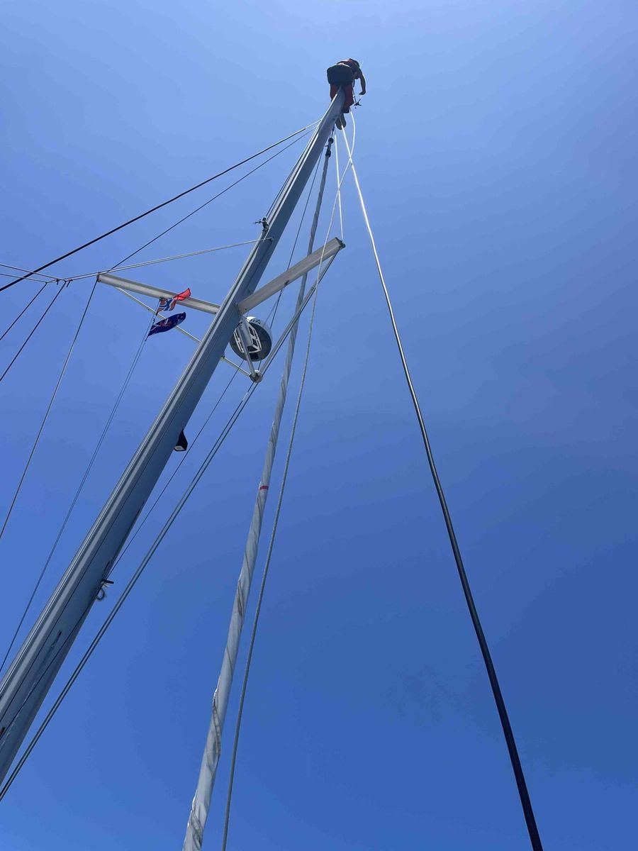 Craig up the mast re-running the halyard