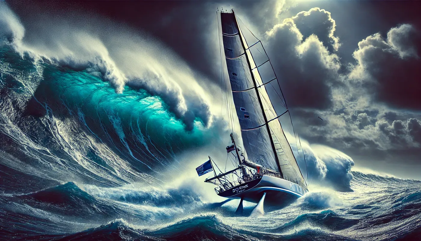DALL·E 2024-12-04 08.51.08 - A dramatic and vivid scene of a racing yacht battling through towering 10-metre waves in a stormy ocean. The yacht is shown at a steep angle, its sail