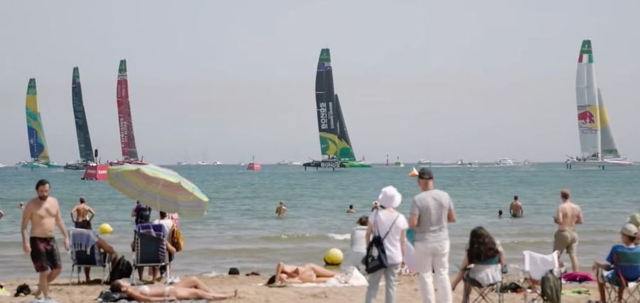 Day 1 Valencia SailGP 2026, in the distance Group A, involving New Zealand SailGP Team (Black Foils), is racing.