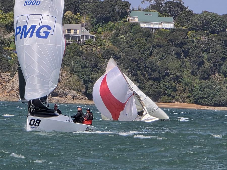 Dirty Circus makes the most of the breeze at Russell, with Slam Dunk in the background during the 2026 Burnsco Elliott 5.9 Traveller Series.