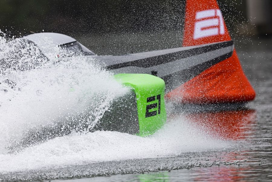 7th April 2022. San Nazzaro. Italy.<br />Pictures of the E1 Race Series ‘RaceBird’ RB01. The foiling electric race boat shown here testing for the first time.<br />Photo by Lloyd Images