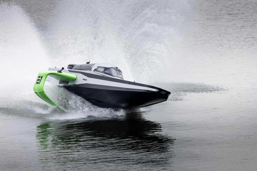 7th April 2022. San Nazzaro. Italy.<br />Pictures of the E1 Race Series ‘RaceBird’ RB01. The foiling electric race boat shown here testing for the first time.<br />Photo by Lloyd Images