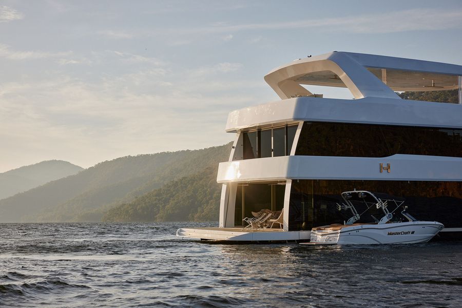 Easy access with a tender. Jolson's Halcyon houseboat