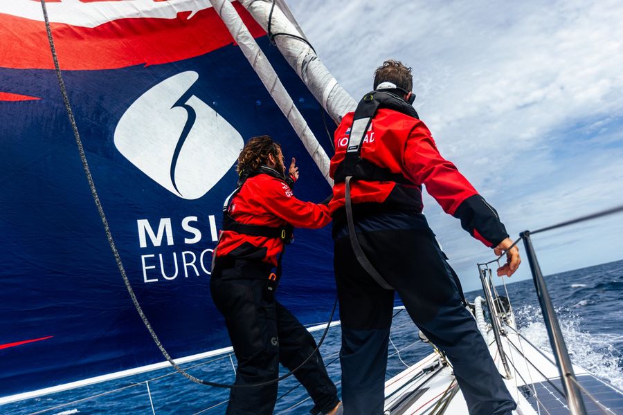 Elie Pirnay and Conrad Colman drop the code zero in The Ocean Race Atlantic