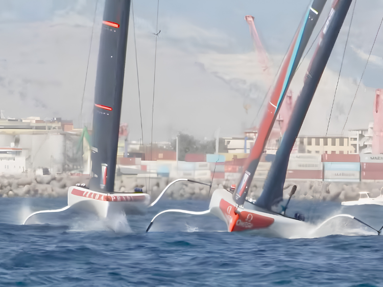 Emirates Team New Zealand principal AC40 comes off its foils near Gate 1 in the second abaondoned Race 1 in Naples 2026.