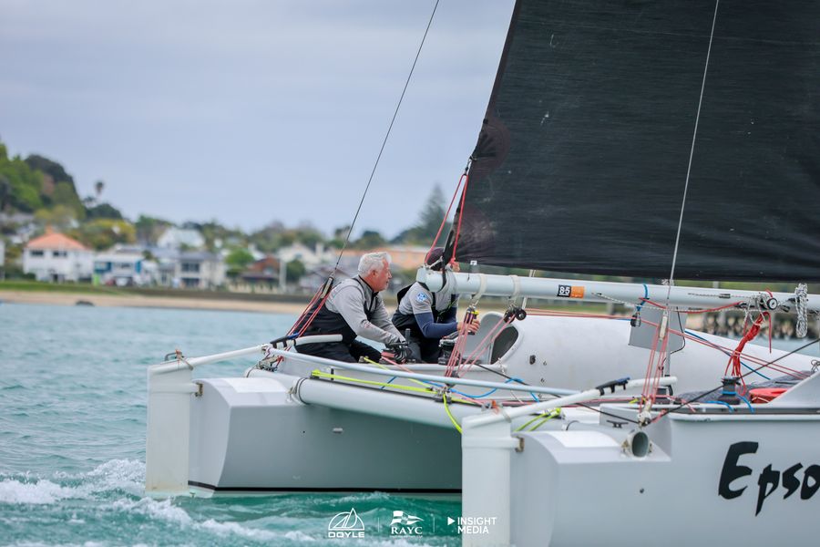 Epsom Salts, the JT 8.5 Catamaran - Designed and built by the renowned Kiwi spars-maker and multihull designer John Tetzlaff - at the start of the 2026 Roy McDell Memorial Cup.