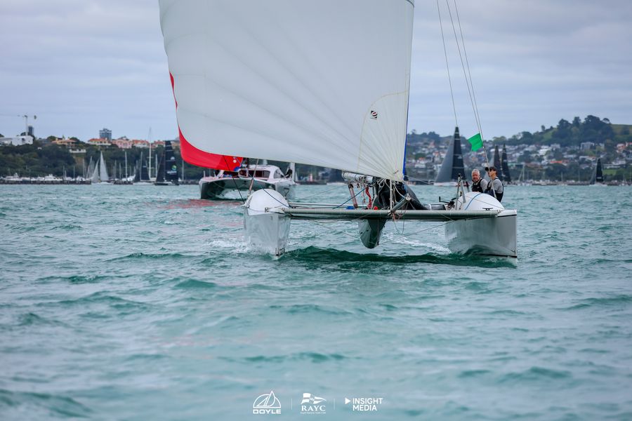 Epsom Salts, the JT 8.5 Catamaran - Designed and built by the renowned Kiwi spars-maker and multihull designer John Tetzlaff - at the start of the 2026 Roy McDell Memorial Cup.