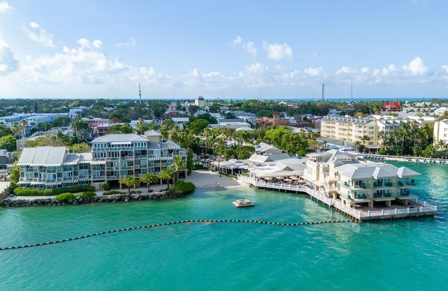 Aerial view of Pier House Resort and Spa right on the water in Key West