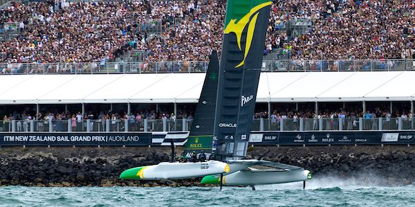 Australia SailGP Team helmed by Tom Slingsby head for the finish line as they sail past a sold out grandstand on Race Day 2 of The Rolex SailGP 2025 Championship ITM New Zealand Sail Grand Prix in Auckland, New Zealand. Sunday 19 January 2025. Photo: Felix Diemer for SailGP.