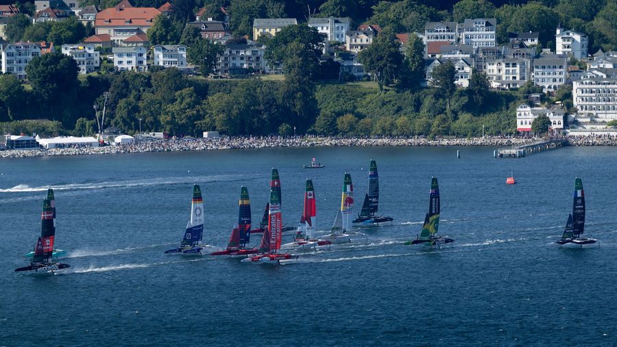 ROCKWOOL Racing leads the SailGP fleet during racing at Sassnitz in the 2025 season.