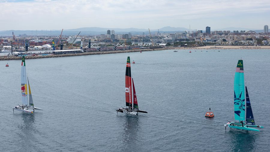 Boats charge through the Valencia final at the Spain Sail Grand Prix, 2026 season.