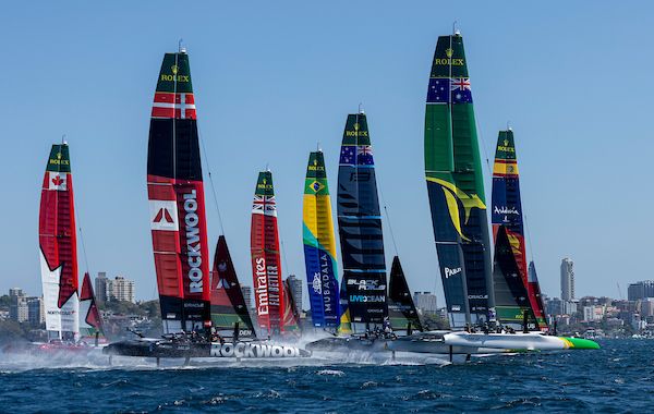 Spain SailGP Team helmed by Diego Botin, Australia SailGP Team helmed by Tom Slingsby, New Zealand SailGP Team helmed by Peter Burling, Mubadala Brazil SailGP Team helmed by Martine Grael, Emirates Great Britain SailGP Team helmed by Dylan Fletcher ROCKWOOL Denmark SailGP Team helmed by Nicolai Sehested and Canada NorthStar SailGP Team helmed by Giles Scott ahead of the KPMG Australia Sail Grand Prix in Sydney, Australia. Friday 7 February 2025. Rolex SailGP Championship Event 3 Season 2025. Photo: Felix Diemer for SailGP.