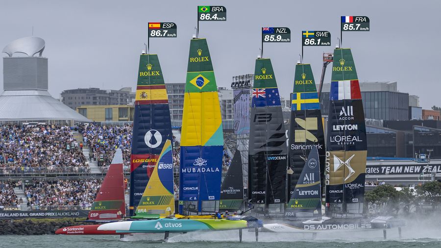 Brazil leads the fleet in front of packed grandstands in Auckland during the 2026 season.