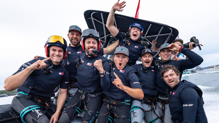 The US team celebrate their Sydney victory in the 2026 SailGP season.