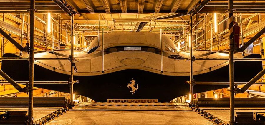 Ferrari Hypersail hull complete as 100-foot foiler targets 2027 flight tests.