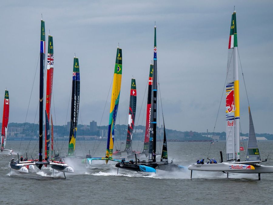 Red Bull Italy SailGP Team helmed by Ruggero Tita lead New Zealand SailGP Team helmed by Peter Burling, France SailGP Team helmed by Quentin Delapierre, Emirates Great Britain SailGP Team helmed by Dylan Fletcher, BONDS Flying Roos SailGP Team helmed by Tom Slingsby, Mubadala Brazil SailGP Team helmed by Martine Grael, Switzerland SailGP Team helmed by Sebastien Schneiter and ROCKWOOL Denmark SailGP Team helmed by Nicolai Sehested on Race Day 2 of the Mubadala New York Sail Grand Prix in New York, USA. Sunday 8 June 2025. Rolex SailGP Championship Event 6 Season 2025. Photo: Jason Ludlow for SailGP. Handout image supplied by SailGP