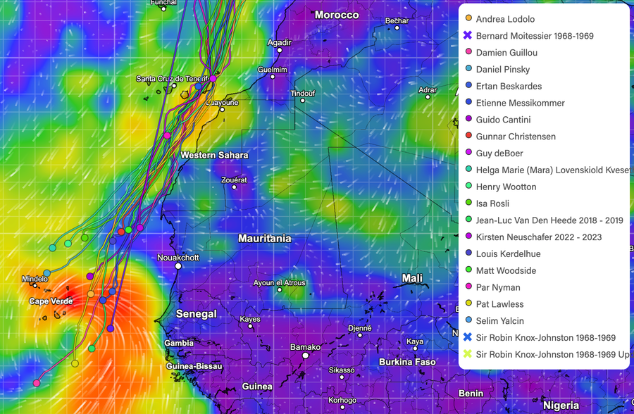 Fleet positions over a Wind map as at midday 25 September 2026