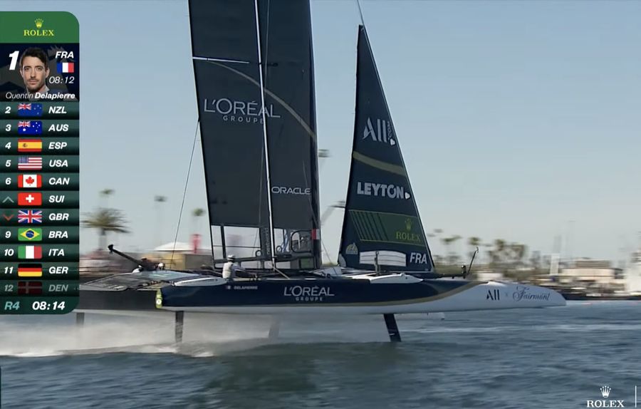 France takes a well-deserved win in the 4th race of Day 1, SailGP LA 2025. Photo credit: SailGP stream