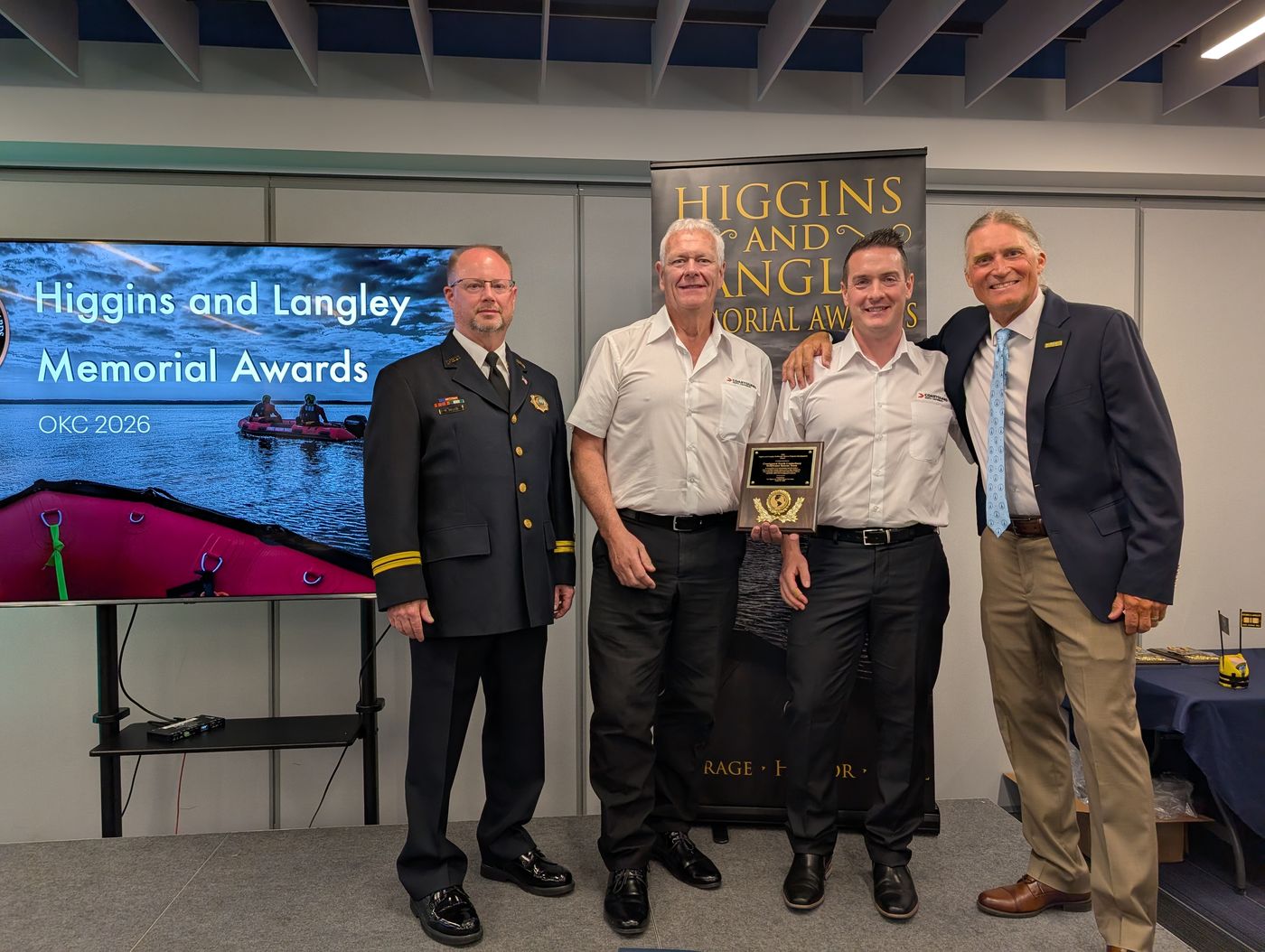 From left to right is Mike Mather (Chairman Higgins and Langley Board of Directors), Callum Alexander (North Canterbury Unit Training Coordinator), Kevin Bryce (North Canterbury President) and Phil Miller (Vice Chairman Higgins and Langley Board of Directors)