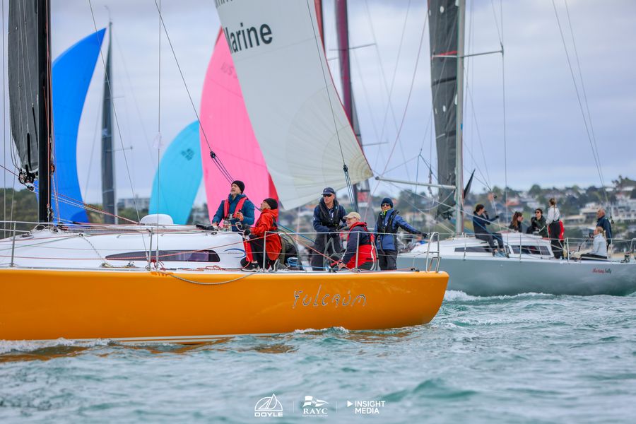 Fulcrum, Derek and Janine Grul's 2023 Dibley 40, at the start of the 2026 Roy McDell Yacht Race.
