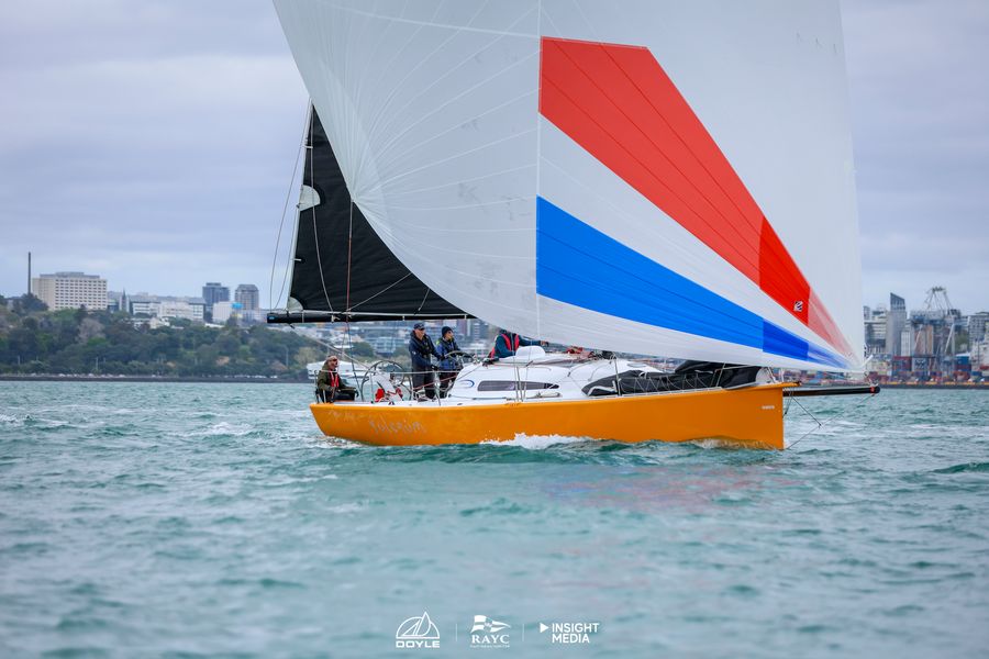 Fulcrum, Derek and Janine Grul's 2023 Dibley 40, at the start of the 2026 Roy McDell Yacht Race.