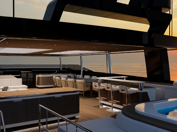 The GX42’s upper deck combines sheltered dining and bar areas with an open-air spa overlooking the water.