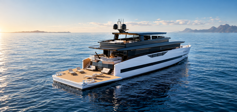 The GX Superyachts GX42, with its tiered aft decks opening onto a broad waterside terrace.