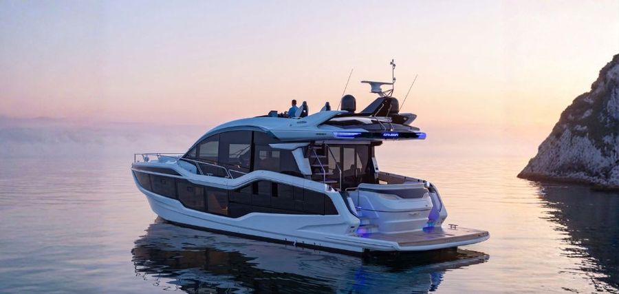 The Galeon 570 SKY, officially unveiled on 10 August 2026, advances the Skydeck concept with a 17.55-metre overall length, a folding upper-helm, and expanding Beach Mode balconies.