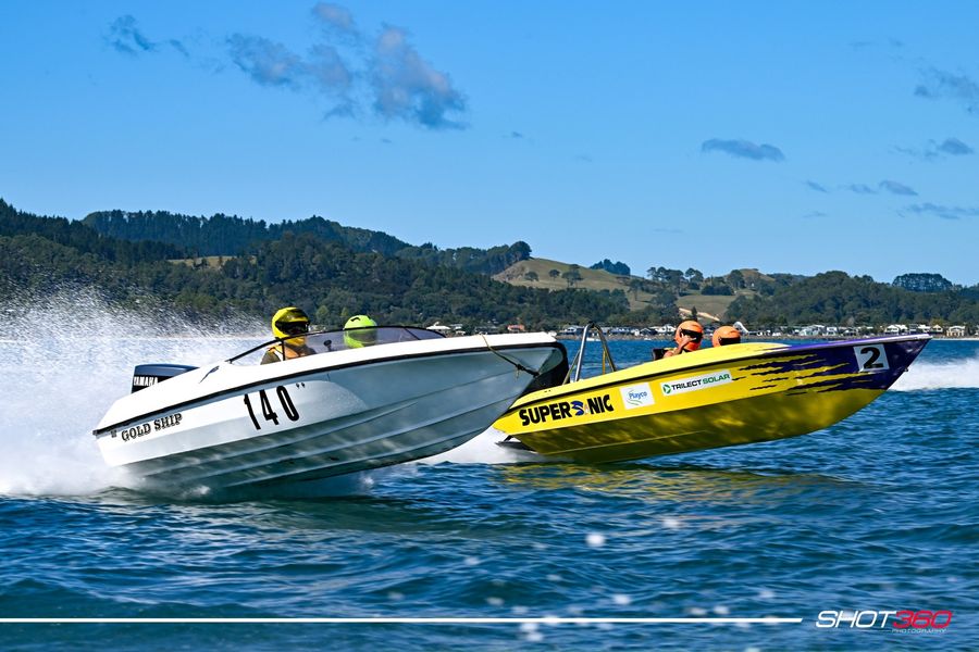 Gold ship & Ryan Archer's Supersonic. Photo credit: Shot360 / Facebook: Offshore Powerboat NZ