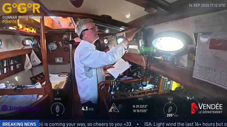 Gunnar Christensen attends to life below deck aboard Pompoen in this GGR Window LIVE image from 14 September, offering a glimpse of daily routine at sea.