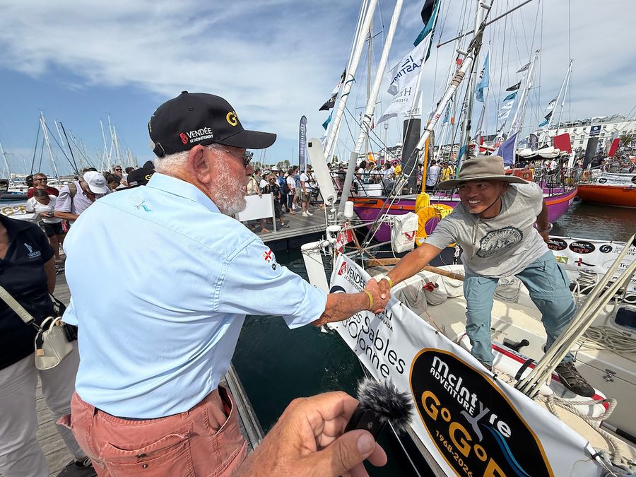 Sir Robin Knox-Johnston, the only finisher of the original 1968-69 Sunday Times Golden Globe, gives one of the GGR2026 skippers a final handshake