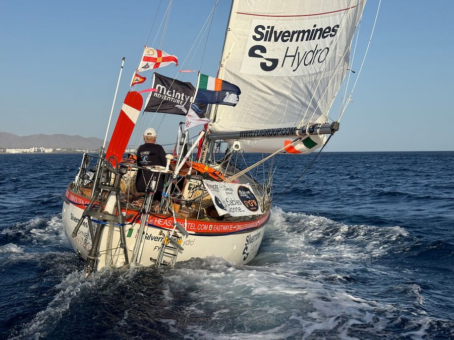 Seven hours behind the leader and determined to keep chasing, Ireland's Pat Lawless sails his Saltram Saga 36 Silvermines Hydro off Lanzarote during the film-drop rendezvous on 16 September.
