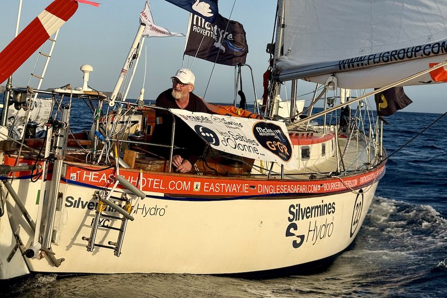 Pat Lawless aboard Silvermines Hydro stays the closest challenger to race leader Damien Guillou, as the two front runners begin building their own race at the fleet's head. Credit: JJ / GGR2026