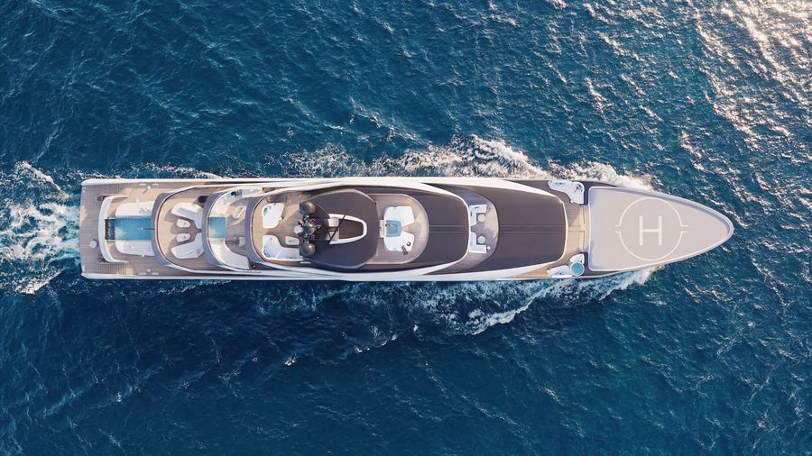 ISA Essence 82m from above, showing the superyacht’s layered deck layout, expansive aft areas and foredeck helipad.