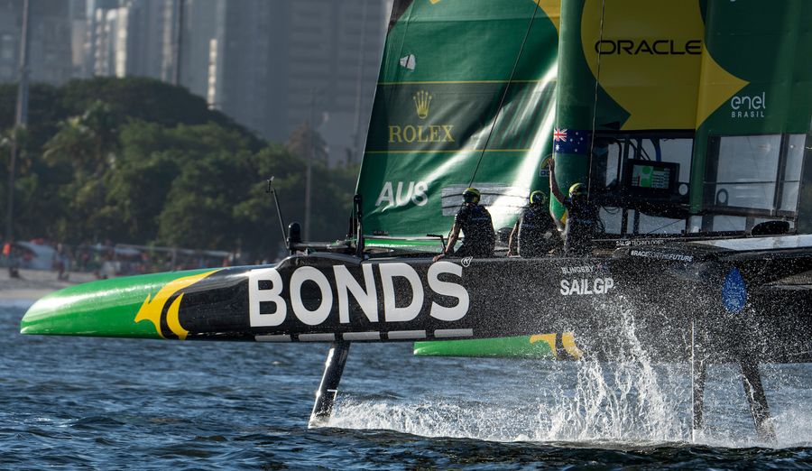 BONDS Flying Roos celebrate a victory in Rio during the 2026 SailGP season.