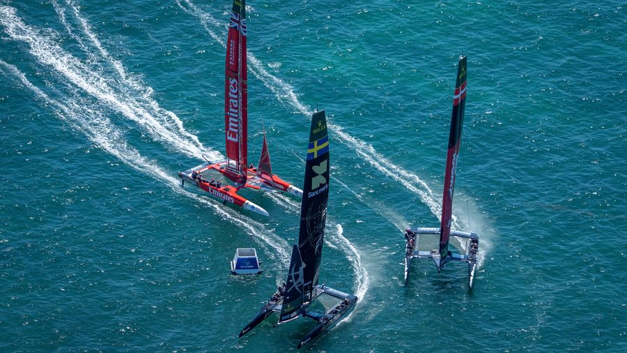 Switzerland leads Emirates GBR during the 2026 SailGP season in Perth.