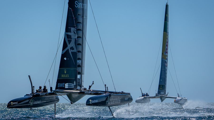 Artemis and Red Bull Italy train together on the water in Perth