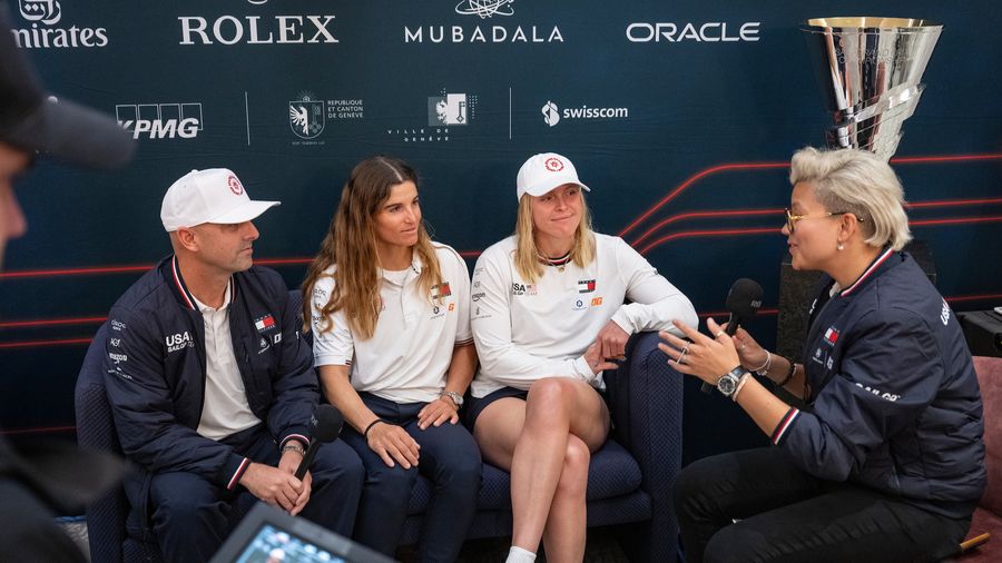 Mike Buckley, Martine Grael and Anna Weis front the press conference in Geneva ahead of the 2026 season
