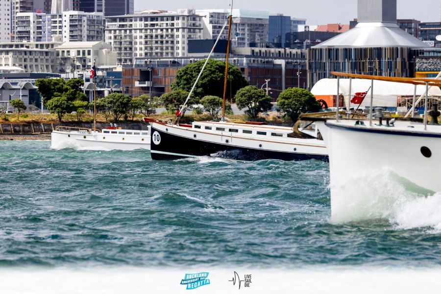 Jeunesse and Ngaio in the Classic Launch Harbour Race in the 2025 Auckland Anniversary Regatta. Monday 27 January. Photo: Suellen Hurling / Live Sail Die