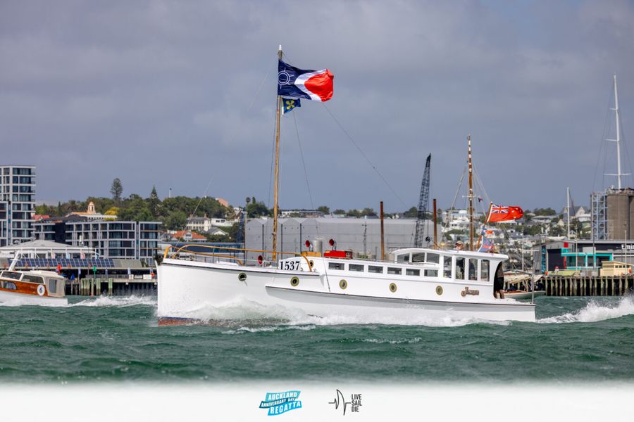 Jeunesse in the Classic Launch Harbour Race in the 2025 Auckland Anniversary Regatta. Monday 27 January. Photo: Suellen Hurling / Lvie Sail Die