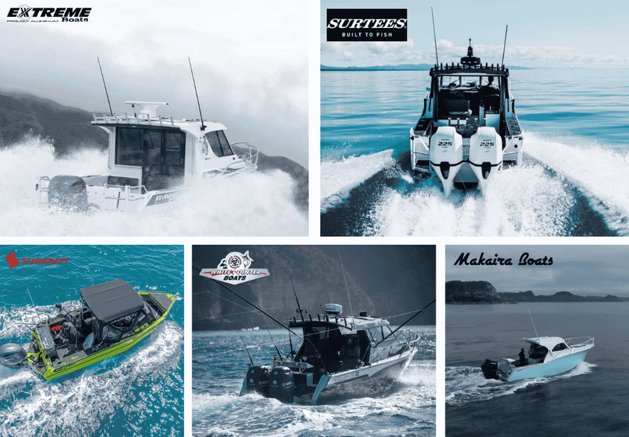 Kiwi boats at the Melbourne Boat Show. Image credits from Extreme Boats, Surtees Boats, Stabicraft, White Pointer Boats and Makaira Boats respectively